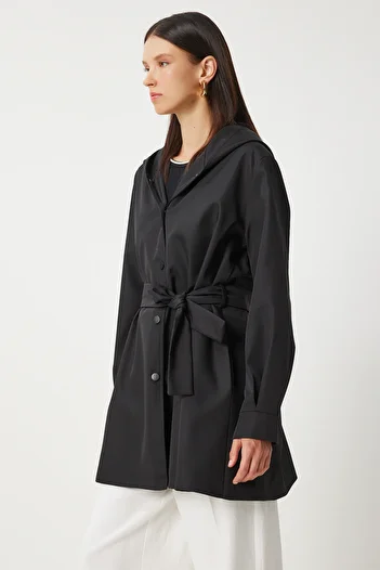 Happiness İstanbul Women's Black Hooded and Belted Trench Jacket - DD01335