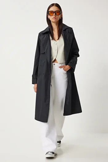 Happiness İstanbul Women's Black Long Trench Coat - Flowing, DD01334