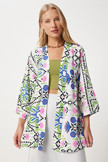 Happiness İstanbul Women's Green Blue Patterned Viscose Kimono EN00615