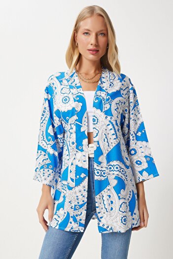 Happiness İstanbul Dámské modrobílé vzorované viskózové kimono EN00615