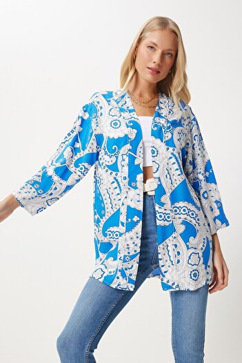 Happiness İstanbul Dámské modrobílé vzorované viskózové kimono EN00615
