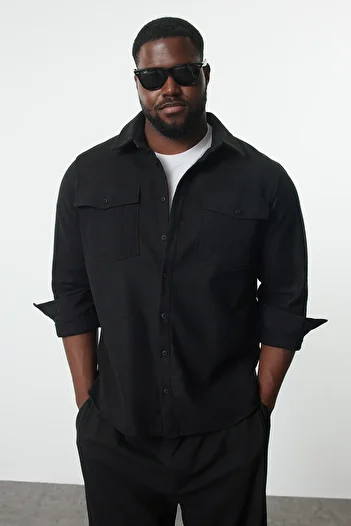 Trendyol Collection Plus Size Black Stamp Winter Jacket Shirt - Parachute Pocket, Texture Tmnaw25Ax00006