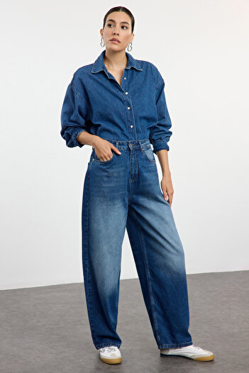 Trendyol Collection Jeansy Baggy Blue z wysokim stanem i luźnym stanem - Twoaw25Je00171