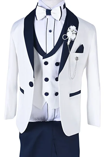ceocuk Navy Blue Double Breasted Boy's Suit with Collar Jacket and Vest