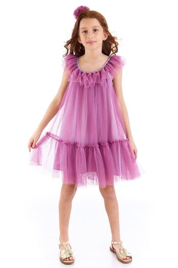 Colorinas April Girl's Party Dress with Shiny Piping Collar and Ruffled Skirt