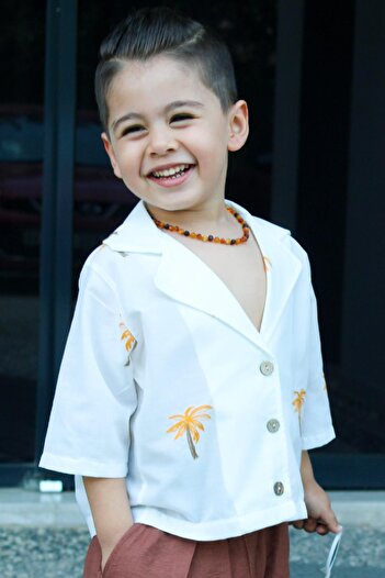 meqlife White Unisex Embroidered Double Breasted Collar Children's Summer Shirt