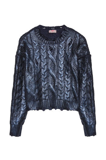 Quzu Navy Blue Long Sleeve Knitwear Sweater - Knitted Detail and Foiled Print