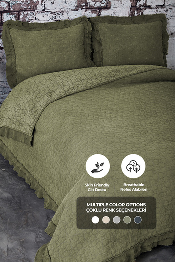 Evlen Home Collection %100 Pamuk Çift Kişilik Pike Takımı Özel Taş Yıkama Yatak Örtüsü Lüks Yumuşak Modern Chester Yeşil