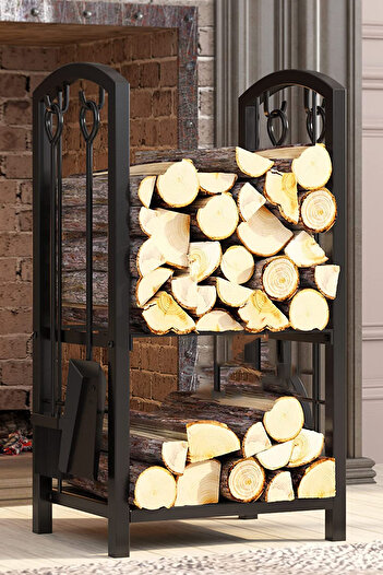 WOODSHUT 5 Li İthal Metal Oval Odunluk Raflı Şömine - Soba Maşa Takımı Aksesuar Seti
