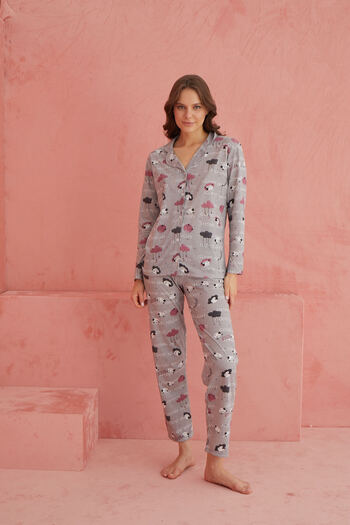 ELİTOL Gray Sheep Print Long Sleeve Knitted Front Button Pajamas Set