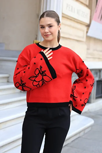 ALCHON Round Crew Neck Long Sleeve Wide-Neck Floral Jacquard Pattern Color-Blocked Winter Knitwear Sweater