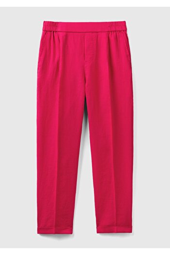 United Colors of Benetton Women's Fuchsia 100% Linen Elastic Waist Trousers