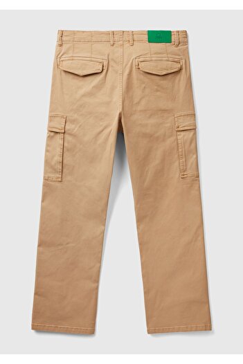 United Colors of Benetton Men's Tan Stretchy Cotton Cargo Denim Trousers