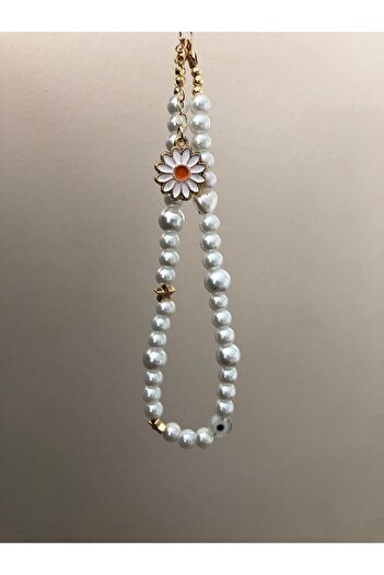 Bella Pearl Star Detailed Evil Eye Beaded Special Design Gold Daisy Figured Phone Charm Accessory Charm
