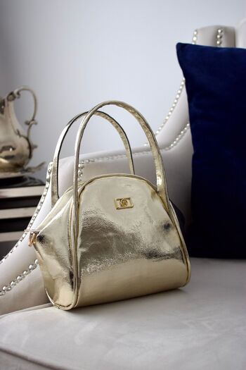 mossi Gold Crinkled Patent Leather Gold Faux Leather Women's Hand and Shoulder Bag