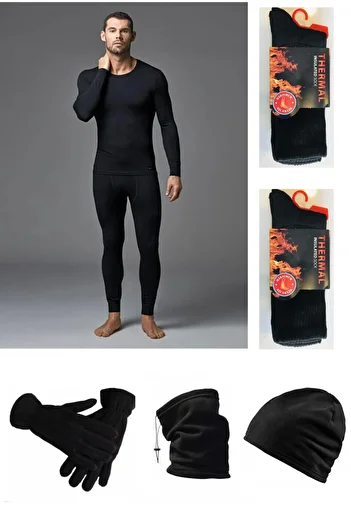 Tutku Men's Black Thermal Bottom-Top Set-Fleece Hat-Gloves-Neck Collar-2 PAIRS Thermal Socks Set