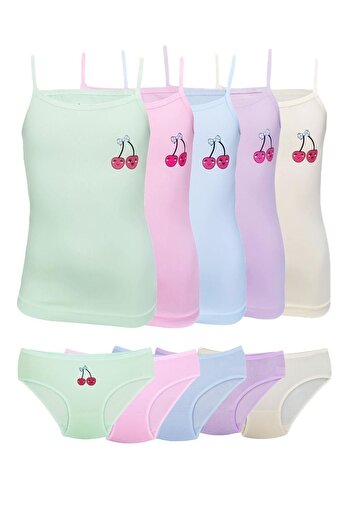 Onurel 5-Piece Girl's Assorted Colored Cherry Printed Top and Bottom Set