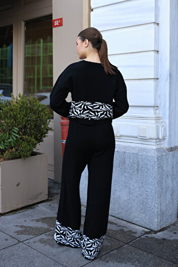 ALCHON Decolteu cu mânecă lungă, imprimeu cu frunze, pulover scurt, talie tubulară, pantaloni elastici, tricotaje, set de două piese