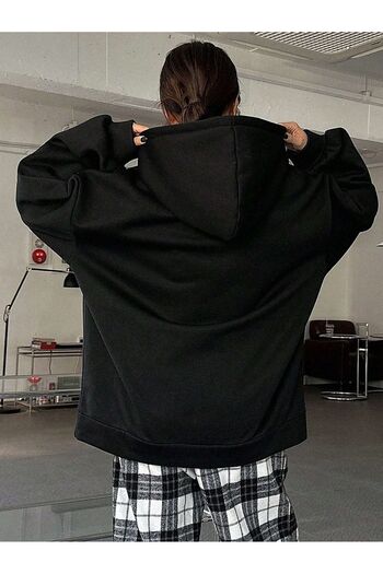 Know Women's Black Daily Printed Oversize Hooded Sweatshirt Hoodie