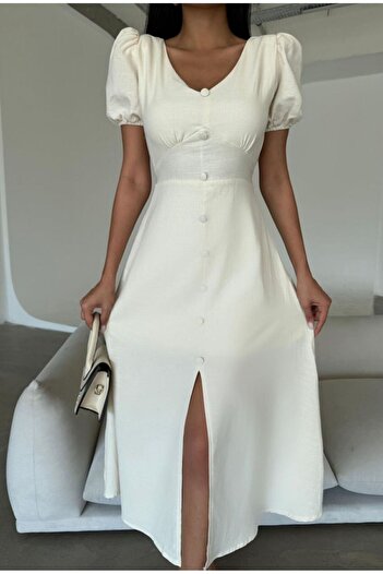 Know Linen Dress - Front Button and Chest Gather Detail, Cream Color
