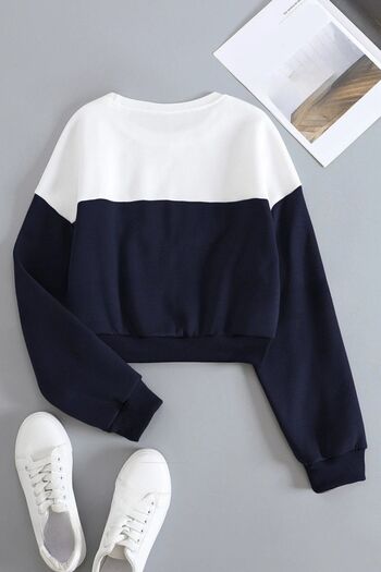 Know Women's 3 Thread White Navy Horizontal Color Block Waist Crop Detail Crew Neck Oversize Sweatshirt