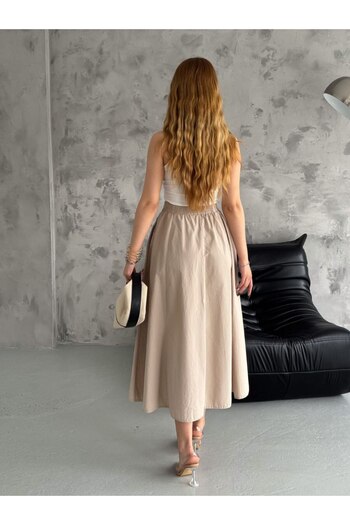 Bak'ap Khaki Colored Parachute Fabric Long Skirt - Pleated Design