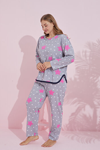 Siyah İnci Large Size Gray Fuchsia Star Patterned Knitted Pajama Set - Curved Piping Oversize 7778