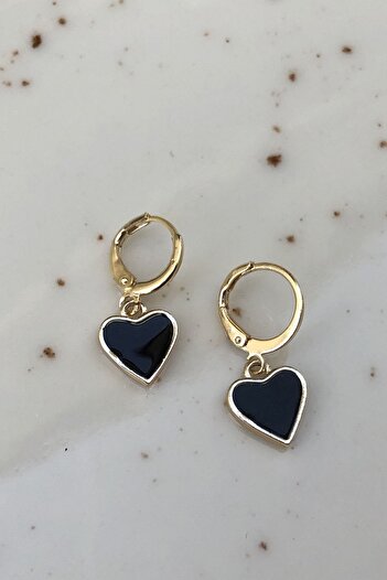 İnci Accessories Women's Enamel Filling Detailed Heart Model Small Size Hoop Earrings Black