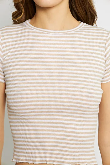Oyga Women's Stone Camisole Striped Crew Neck Crop Blouse