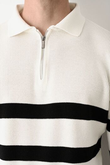 İLKCET MODA Zipper Collar Ecru Premium Striped Steel Knitwear Sweater