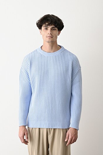 İLKCET MODA Ανδρικό πουλόβερ Oversize Baby Blue Thick Corduroy