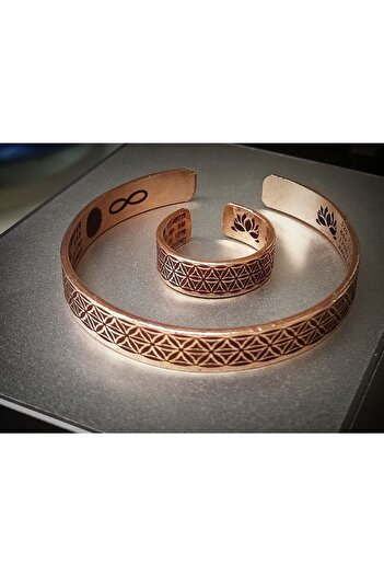 DA Cooper Design Copper Bracelet Flower of Life Motif Lucky Bracelet & Ring Set 45 gr Copper