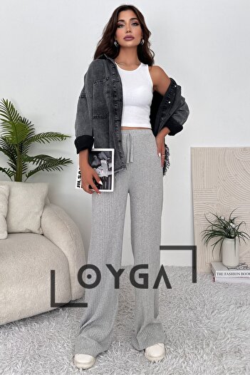 Oyga Women's Ribbed Palazzo Clothing - Gray Sweatpants and Trousers