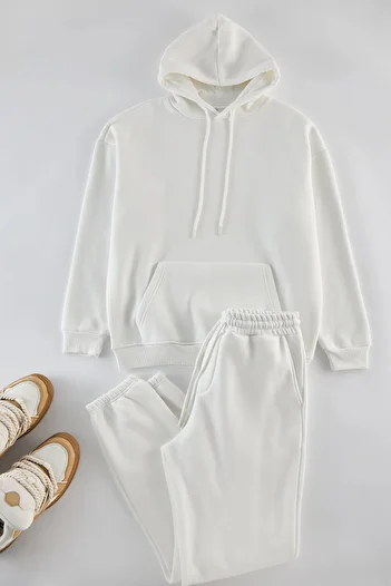 Trendyol Collection Σετ φόρμας φούτερ με κουκούλα Ecru Oversize Fleece - TMNAW24EM00002