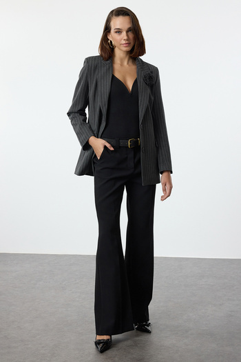 Trendyol Collection Anthracite Premium Striped Rose Detailed Blazer Jacket Twoaw25Bc00008