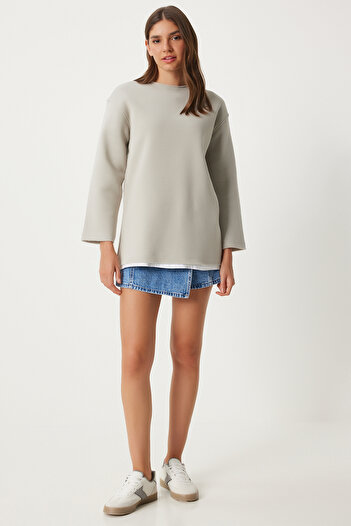 Happiness İstanbul Stone Gray Oversize Women's Sweatshirt - Raster Knitted NJ00131