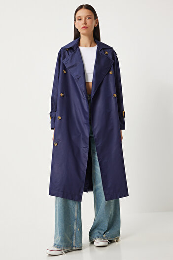 Happiness İstanbul Navy Blue Buckle Women's Trench Coat - Belted, Seasonal FN03292