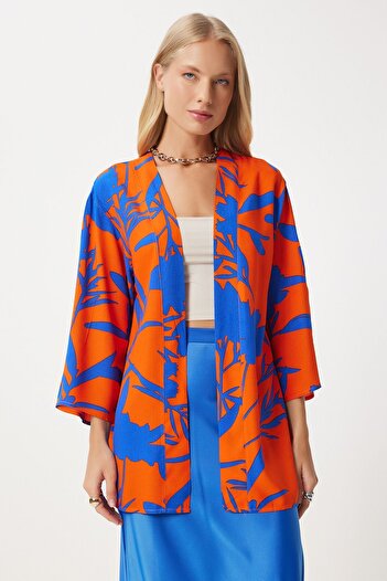 Happiness İstanbul Dámské modré oranžové vzorované viskózové kimono EN00615