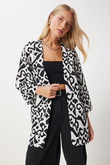 Happiness İstanbul Dámské černo-bílé vzorované viskózové kimono EN00615