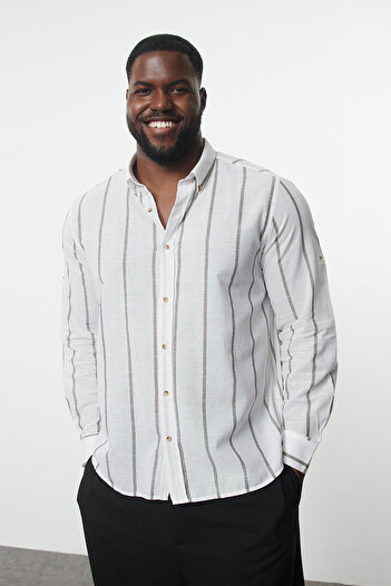 Trendyol Collection Plus Size Pinstripe Khaki Shirt - Button Collar TMNSS24AX00013
