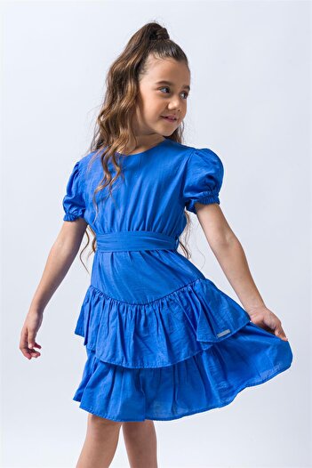 Le Mabelle Blue Belt Detailed Watermelon Sleeve Girl's Dress - Miley