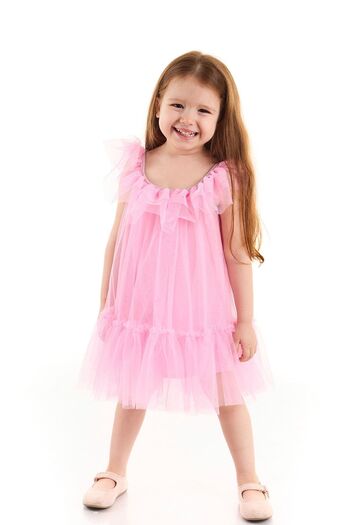 Colorinas April Girl's Party Dress with Shiny Piping Collar and Ruffled Skirt