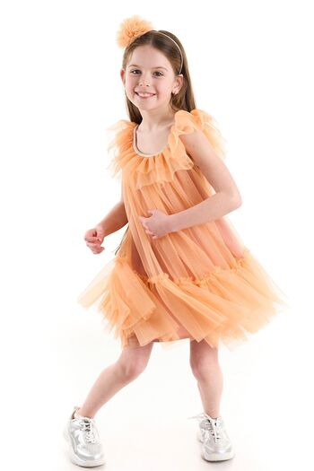 Colorinas April Girl's Party Dress with Shiny Piping Collar and Ruffled Skirt
