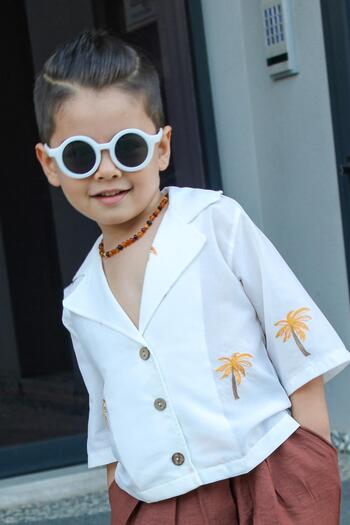 meqlife White Unisex Embroidered Double Breasted Collar Children's Summer Shirt