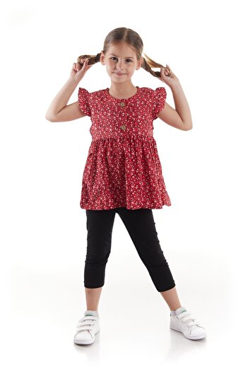 AHENGİM Kids Girl's Viscose Blouse Buttoned Tights Bottom Top Set Cotton Ak2522