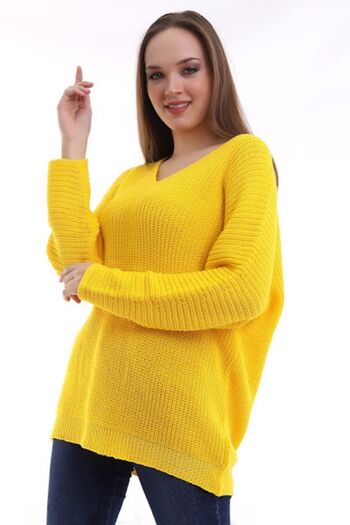 Devinka Women's Yellow Oversize Casual V-Neck Knitwear Sweater