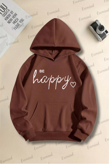 Evomind Unisex Be Happy Printed Oversize Adult and Children Hooded Sweatshirt