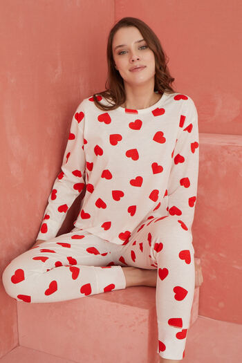 ELİTOL Long Sleeve Heart Patterned Ecru Knitted Pajama Set