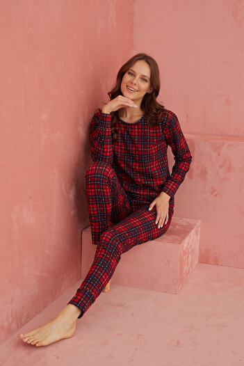 ELİTOL Long Sleeve Red Plaid Knitted Pajamas Set