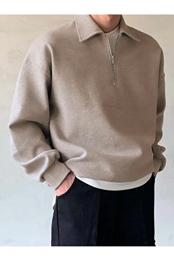 COMBİNE MİCHAİL Beige Men's Polo Collar Sweatshirt - Half Zipper